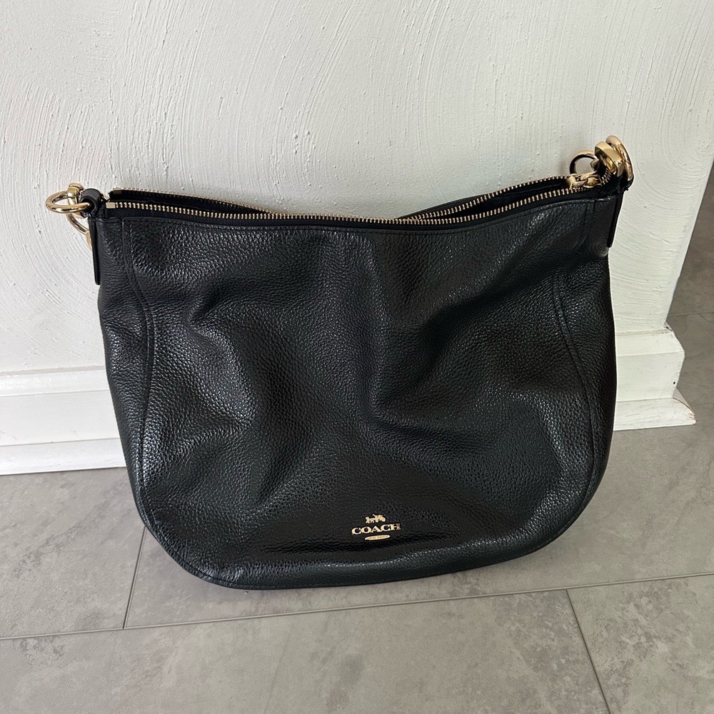 Coach Black Leather Shoulder Bag with Gold Accents